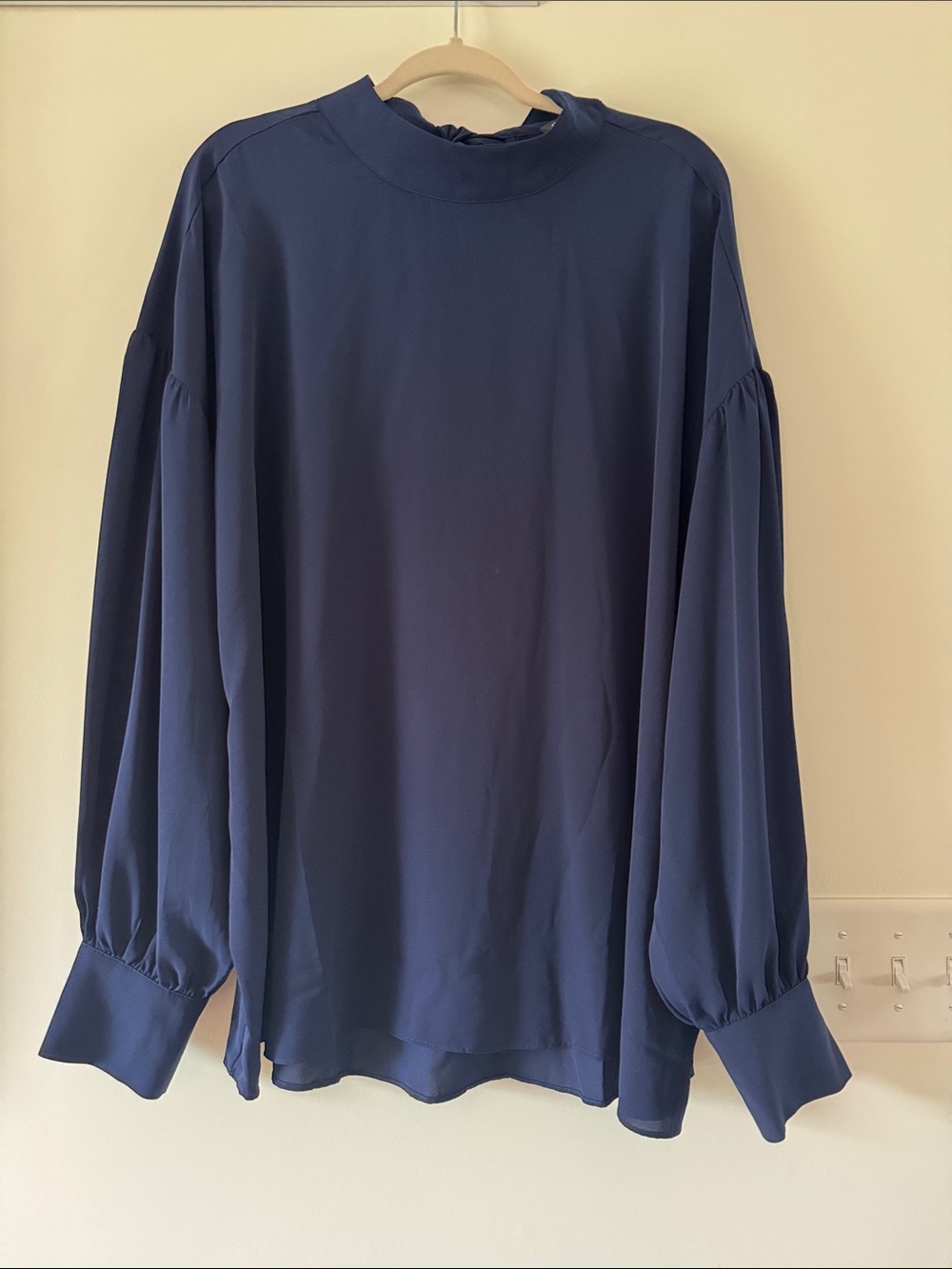 Eloquii Navy Balloon-Sleeve Mock Neck Blouse